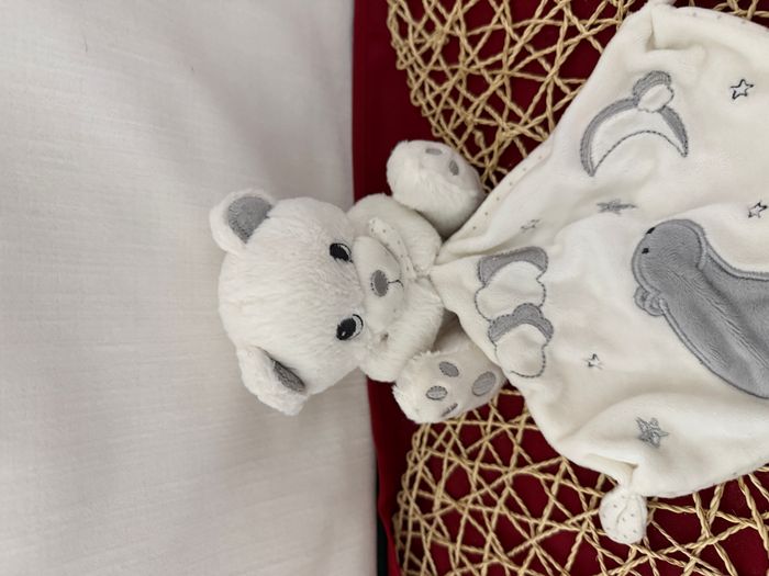 DOUDOU PELUCHE SIMBA NICOTOY OURS POLAIRE BLANC GRIS MOUCHOIR LUNE - photo numéro 4