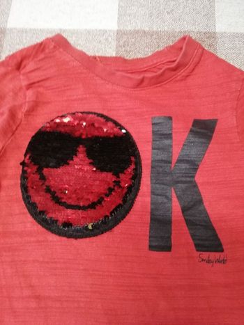 Tee shirt 3 ans rouge manches longues smiley strass réversible