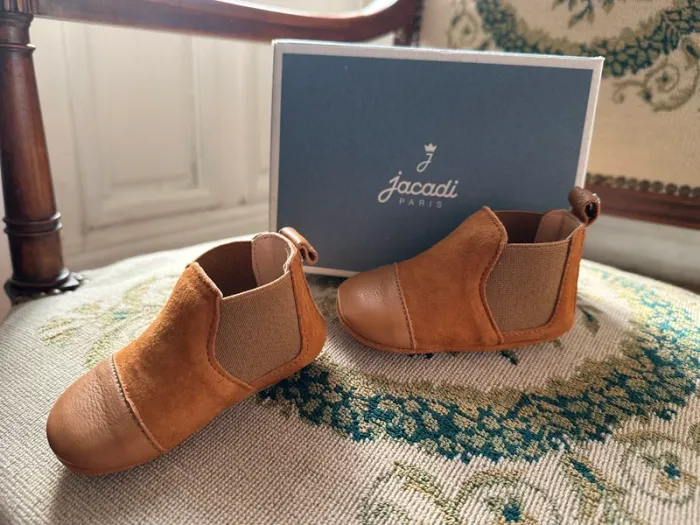 NEUF Jacadi chaussons pantoufles chaussures marron camel cuir 17 bébé François col naturel garçon - photo numéro 2