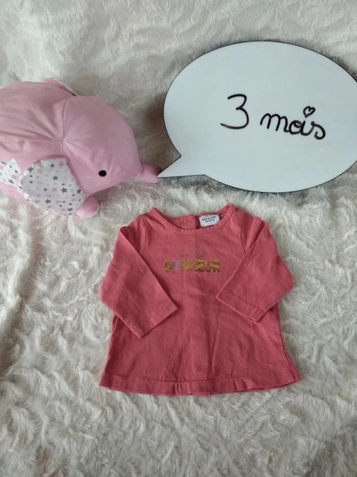 Tee shirt chemise manches longues Fille 3 mois "Mon petit bonheur" Tape à l'œil 100% coton