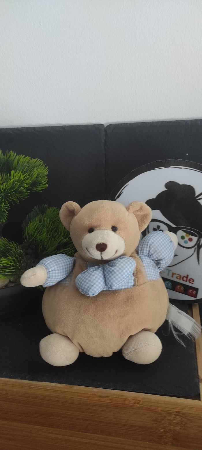 Doudou Ours Priscilla larsen peluche bleu marron vichy carreaux grelot noeud papillon ancien