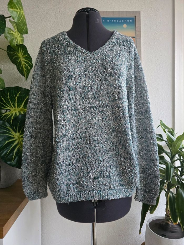 Pull en maille chiné vert col en V coupe ample - C&A - taille L - 40