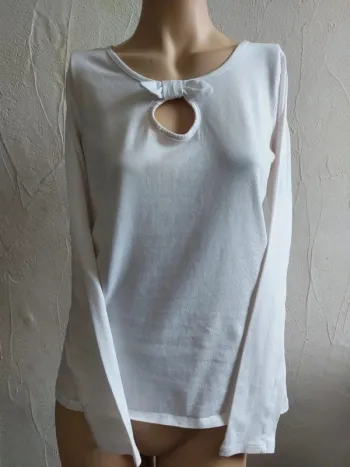 T-shirt Blanc à Manches Longues avec Nœud Taille L