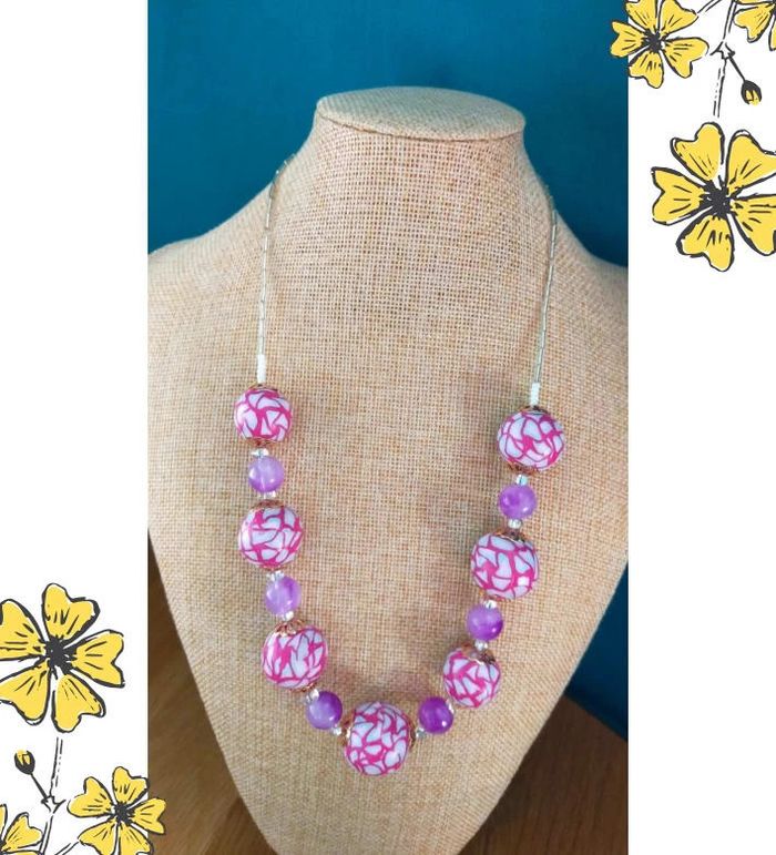 Collier vintage fait main – Perles roses en polymère & perles violettes – Collection Nuances de Rose - photo numéro 10