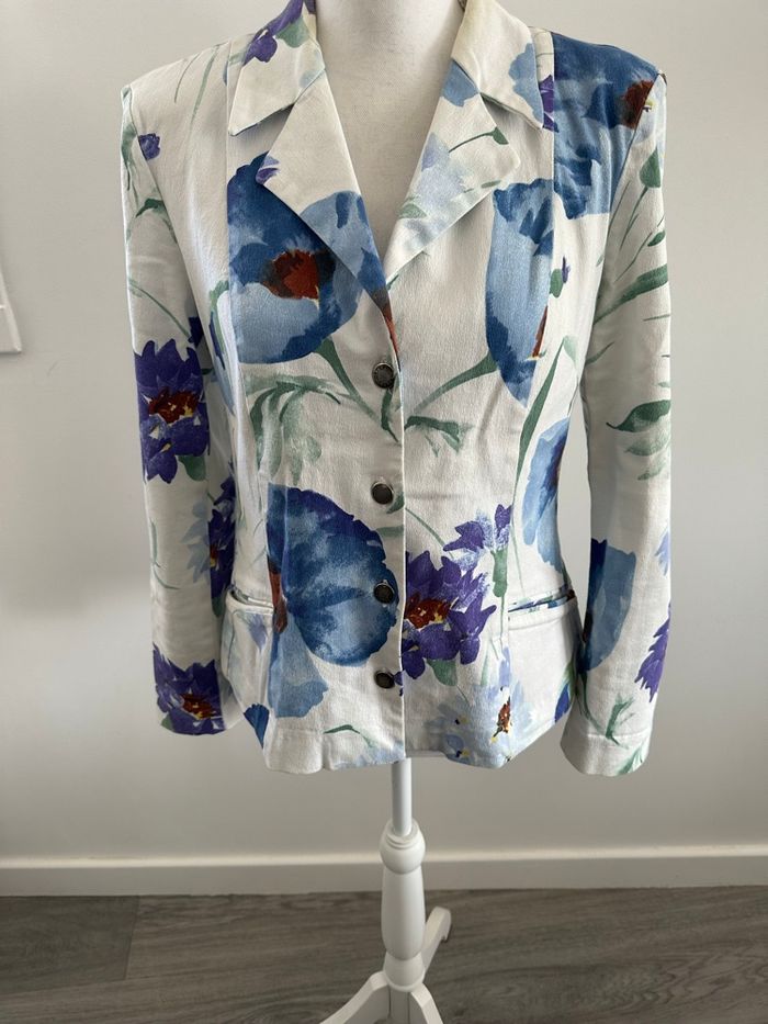 Blazer en jean denim à fleurs blanc et bleu Léa Kanth Y2K Vintage T40 L