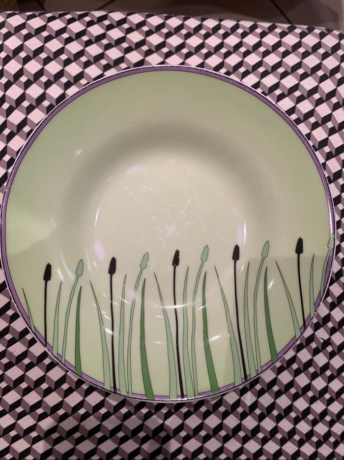 Lot de 6 assiettes creuses vertes et liserés lilas. Marque : - « Fine porcelaine, le tiroir d’Adeline «