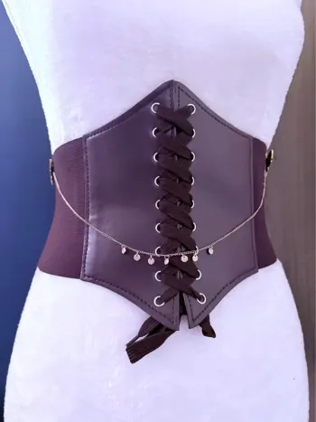 Corset serre taille marron avec chaîne et bijoux doré