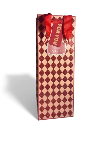 Sac bouteille cadeau beige et rouge à carreaux 12,5 x 34,5 x 10 cm Neuf