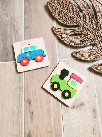 🚛Lot de 2 petits puzzles les véhicules premier âge en bois