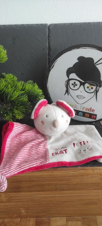 Doudou plat souris gris rouge Mon Petit Chat Sucre d'Orge rayé rayure crème blanc