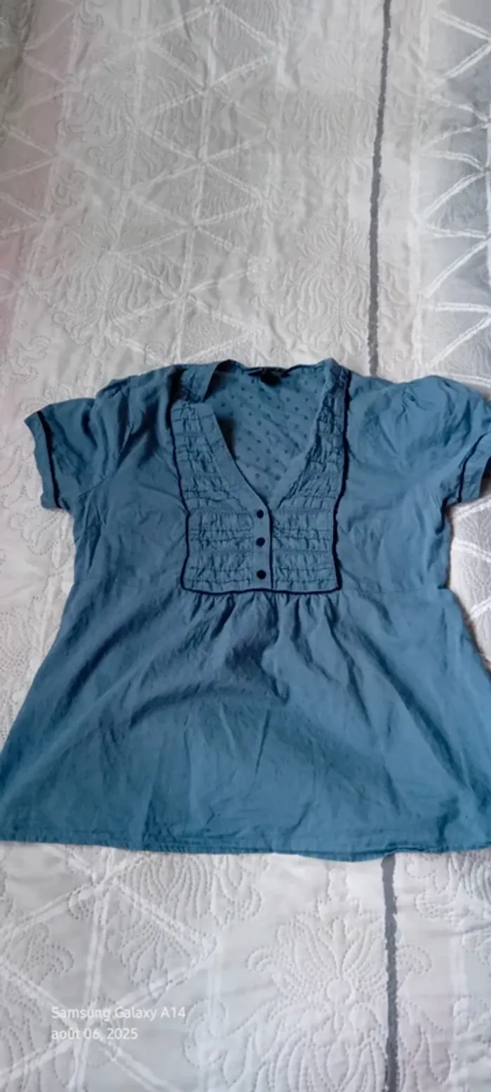 Blouse manches courtes col V avec boutons et broderies bleu femme 36 h&m - photo numéro 10