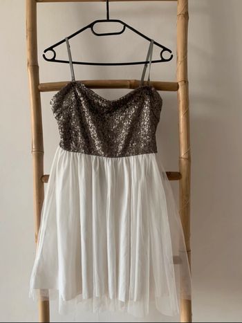 Robe à sequins gris et tulle blanc