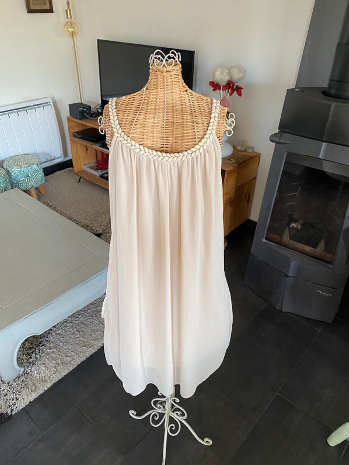 Robe été Made in France fluide beige / crème perlé avec col tressé taille S - photo numéro 3