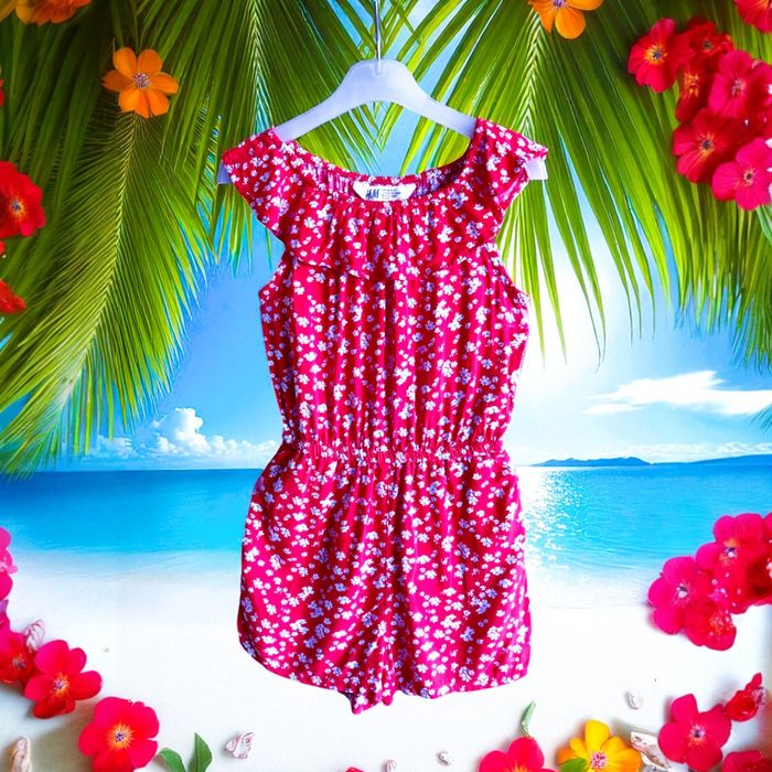 H&M - COMBISHORT FILLE IMPRIMÉ PETITES FLEURS DÉTAIL VOLANT A L'ENCOLURE 4/5A