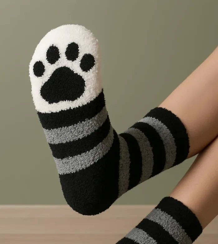 Chaussettes douces motif patte de chat - rayures noir et gris taille unique - photo numéro 2