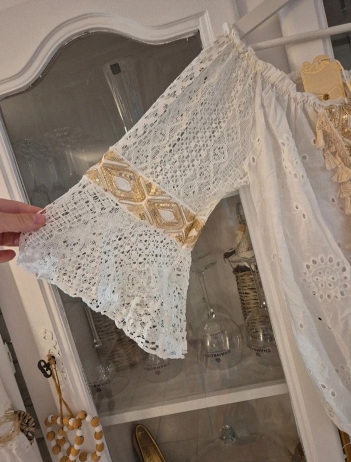 Ensemble bohème jupon et haut dentelle et broderies blanc et doré neuf T S/M - photo numéro 6