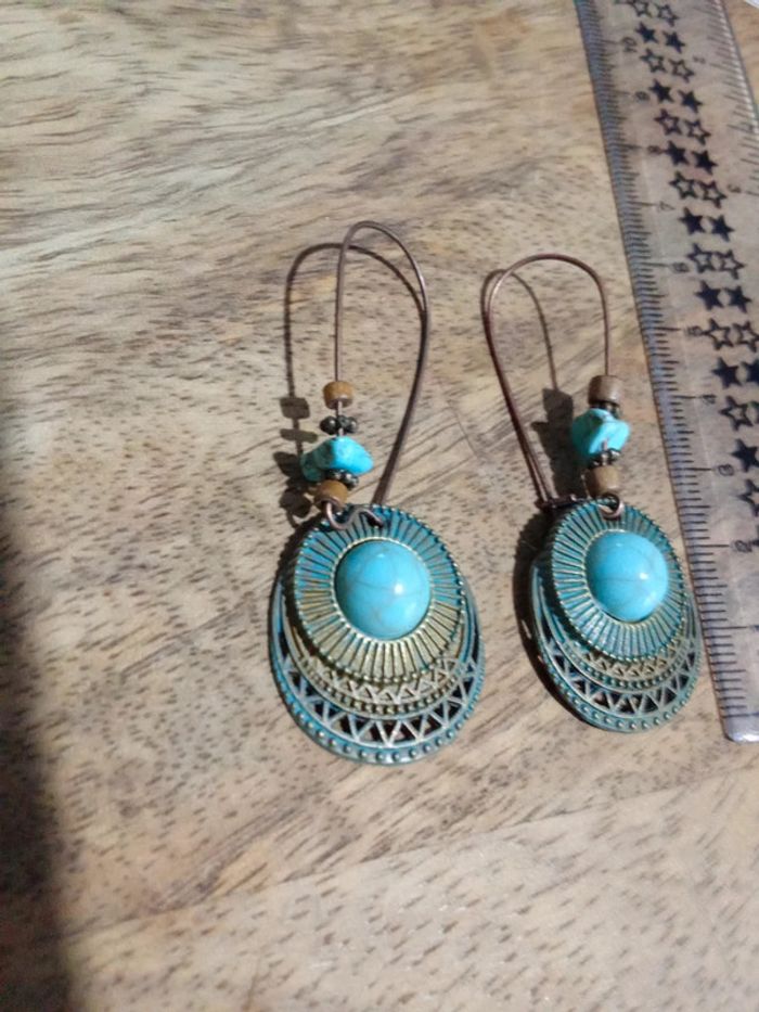 Boucles d'oreilles pendante avec Pierre style turquoise - photo numéro 3
