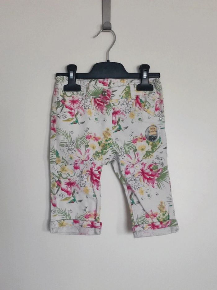 Pantalon tropical fleur rose vert blanc jaune