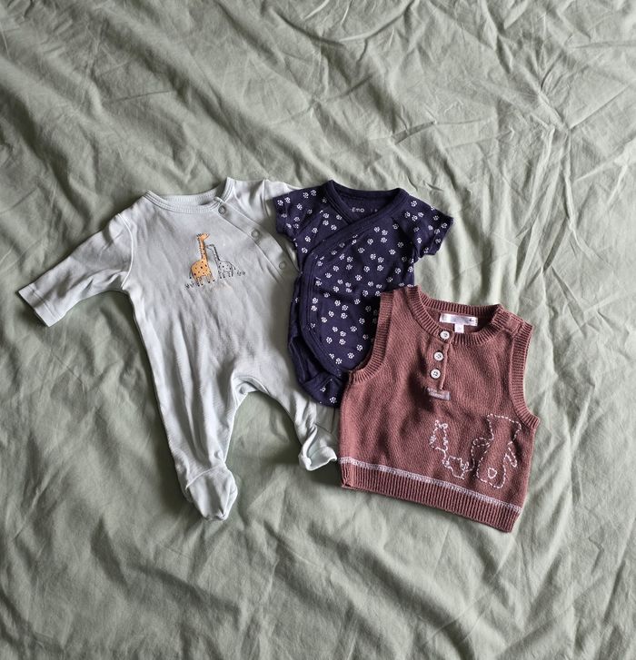 Lot 3 pièces Naissance Kitchoun Gémo Kiabi Coton Marron Bleu Vert