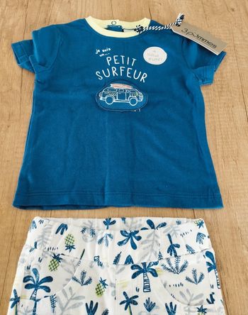 Ensemble t-shirt short garçon petit surfeur bleu et blanc 6 mois 3 Pommes