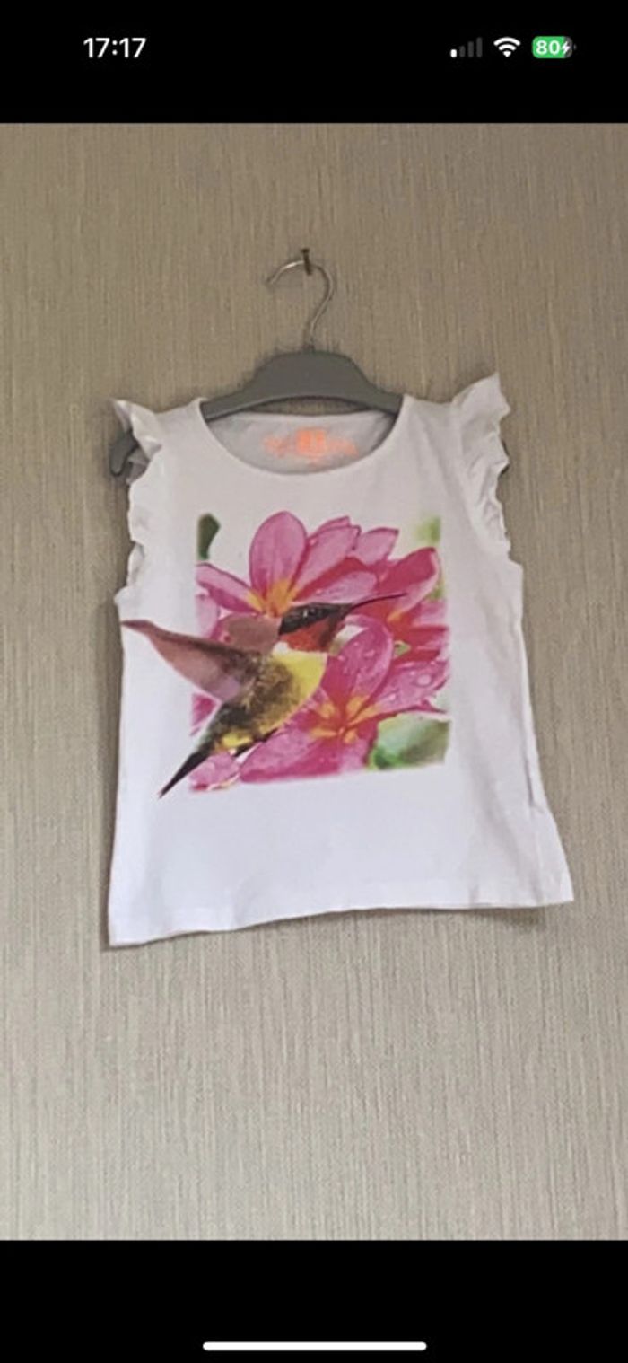 Débardeur blanc et rose avec oiseau 6 ans