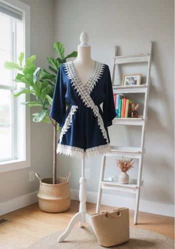 Combishort bleu marine dentelle blanche