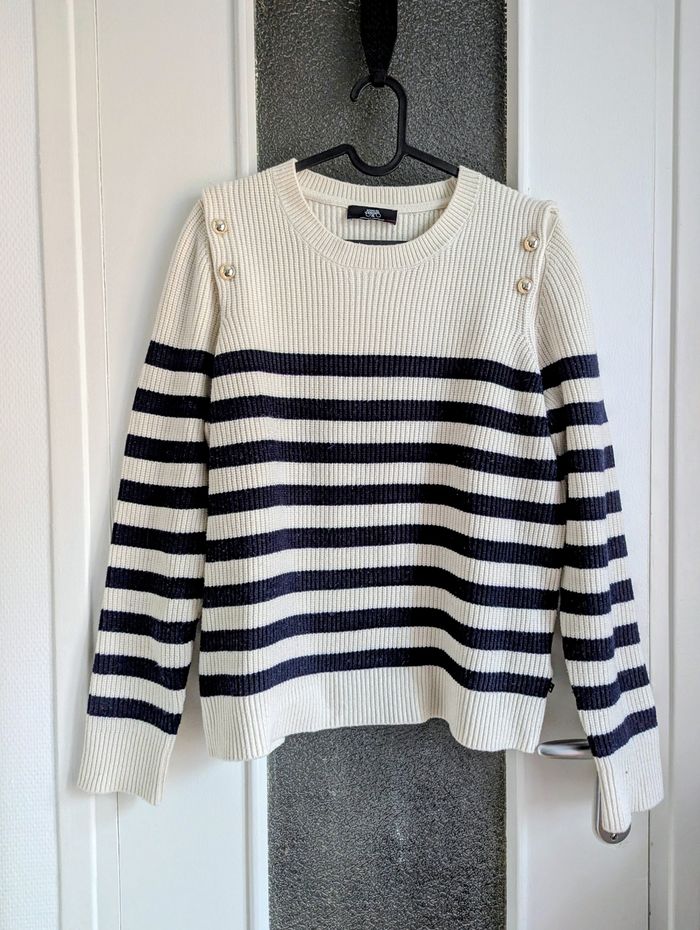 Pull marinière le temps des cerises taille M 38 blanc crème et bleu