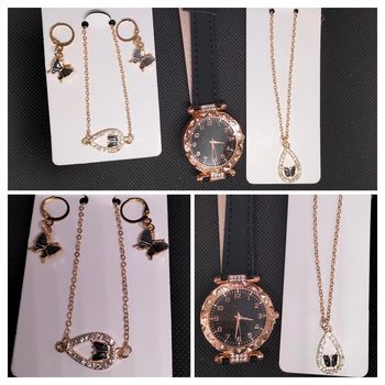 Parure papillon noir montre, collier, bracelet et boucle d'oreille