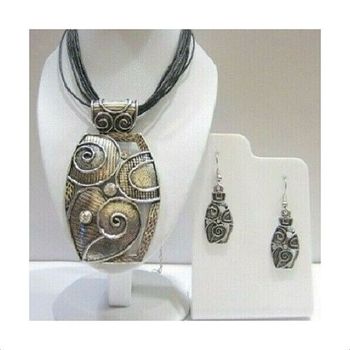 Parure Collier + Boucles Métal Argenté Vieilli & Strass