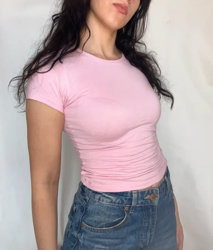 Baby tee manches courtes rose bonbon rose clair moulant élastique taille xs - photo numéro 3