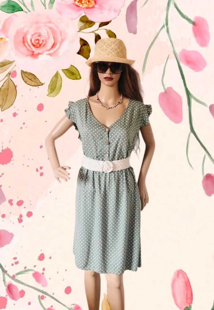 🩶Robe à pois d’été bohème champêtre gris tilleul🌿Linden gray white polka dots dress🩶 - photo numéro 4