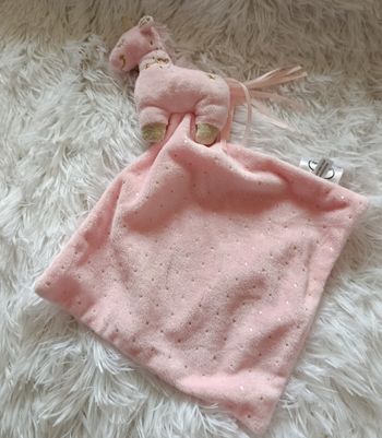 Doudou peluche  licorne rose et dorée avec mouchoir -Mots d enfants 