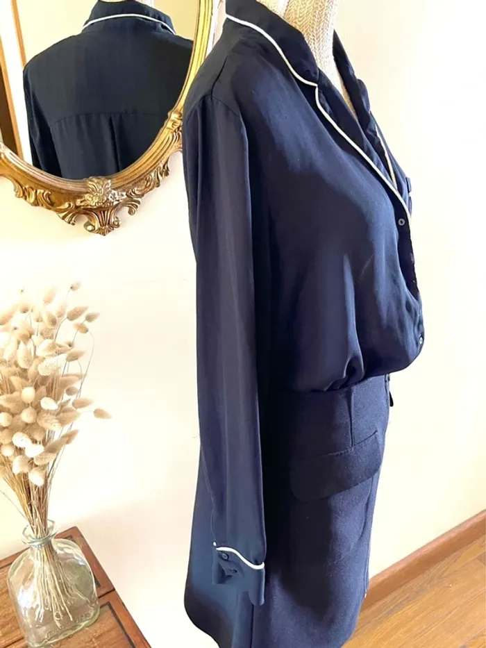 Sublime blouse chemise à boutonnage et col manche longue noir à liseré blanc fluide Zara taille L - photo numéro 3