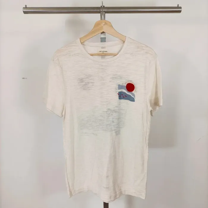 T-shirt blanc effet chiné imprimé Baliha Beach neuf Taille M CMT Atelier A412