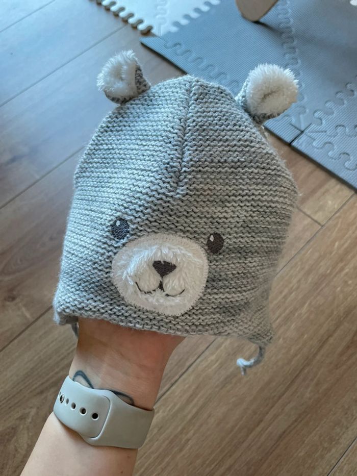 Neuf Bonnet bébé hiver molletonné taille 46-47 ourse gris - photo numéro 2