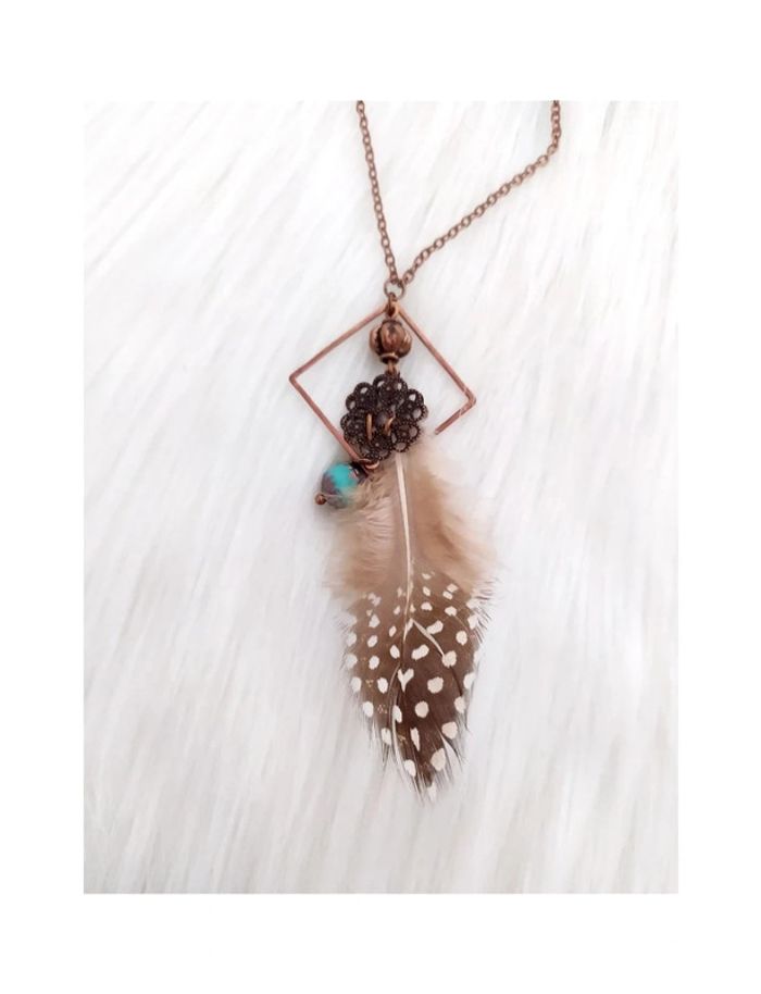 Collier sautoir avec pendentif plume style rétro vintage ethnique bohème - photo numéro 2