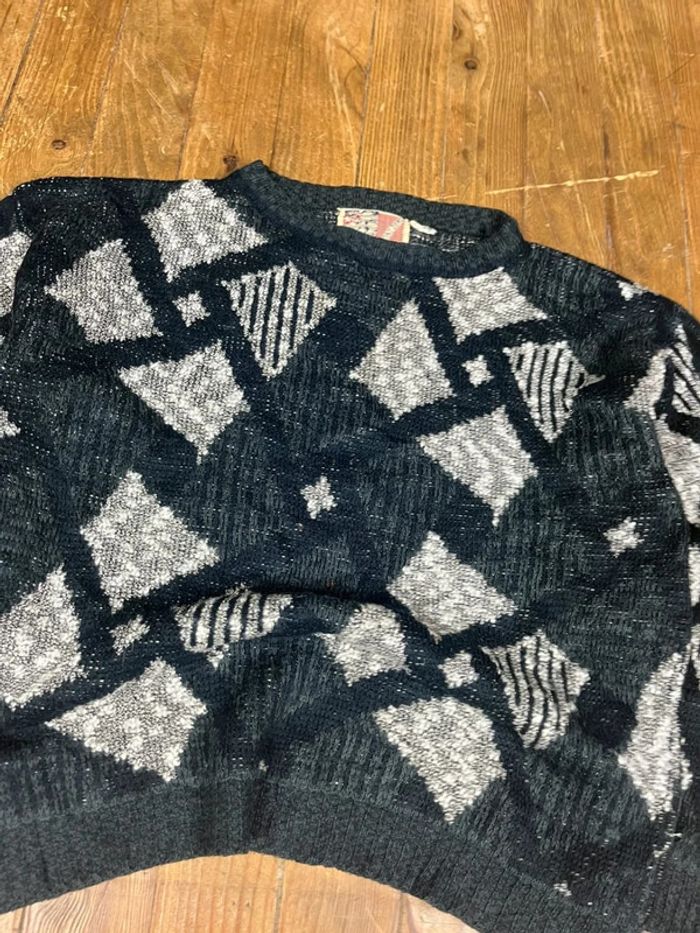 Pull maille vintage motifs noir blanc gris S - photo numéro 2