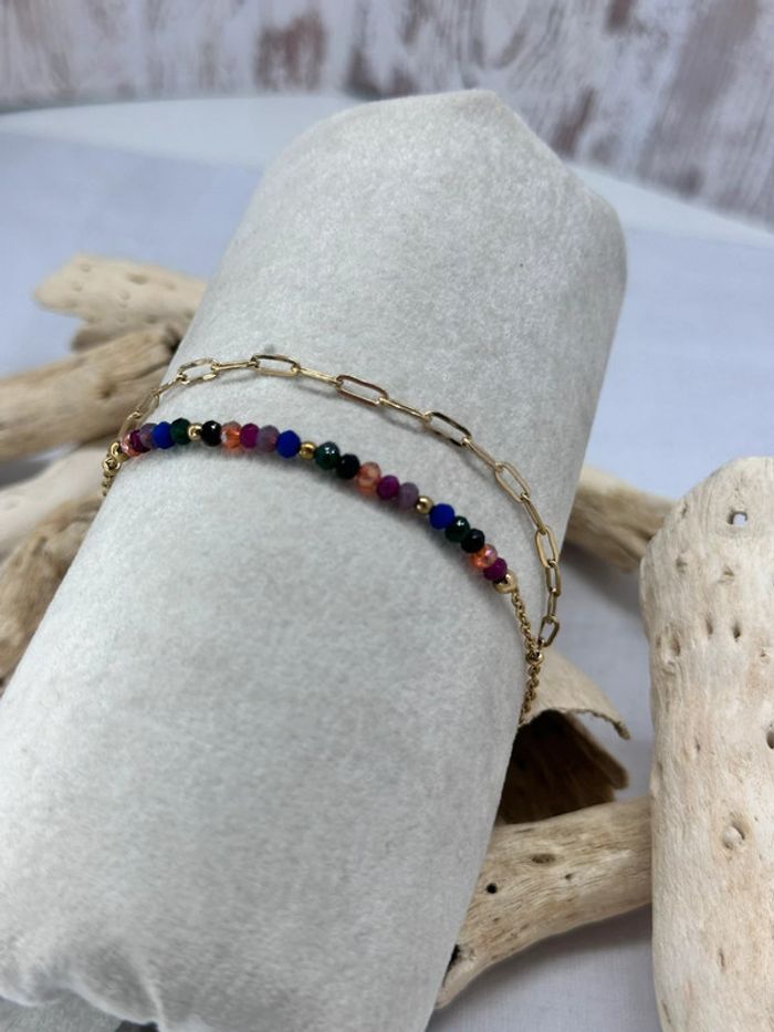 Bracelets plusieurs rangs en acier or et pierre cristal multicolore - photo numéro 5