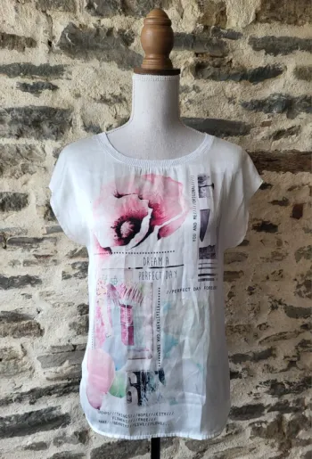 T-shirt manches courtes à motifs blanc et rose Camaïeu Taille 34 36