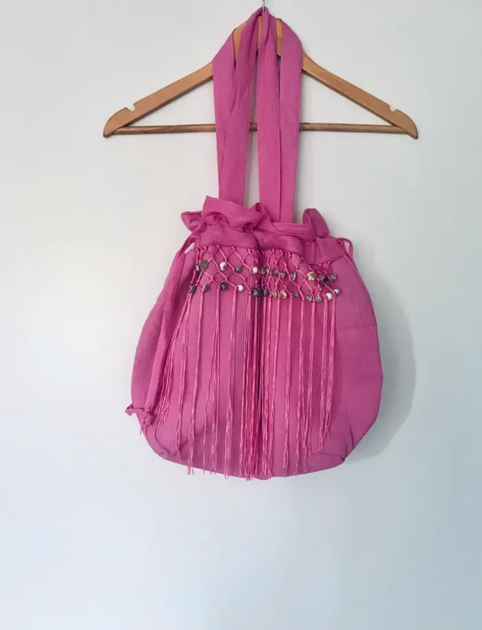 Sac de plage tissu et coquillages rose fushia - photo numéro 3