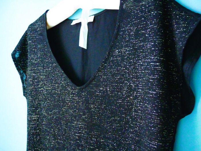 t-shirt femme promod noir argenté S 36 fluide manches courtes TBE - photo numéro 2