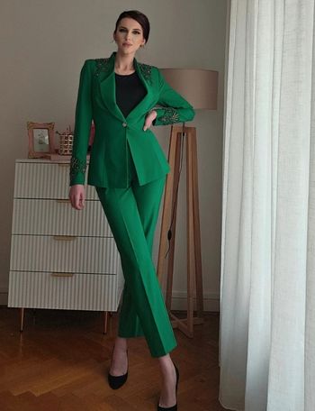 Ensemble tailleur vert émeraude perlé blazer+pantalon T36/S