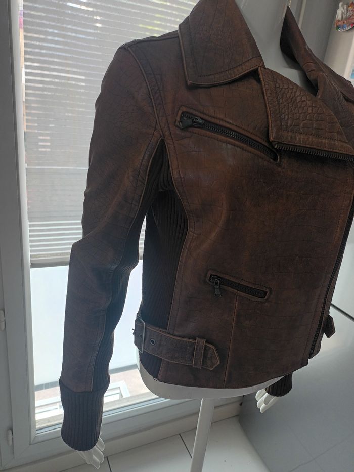 Perfecto vintage Tommy Hilfiger cuir epais et tricot - photo numéro 3