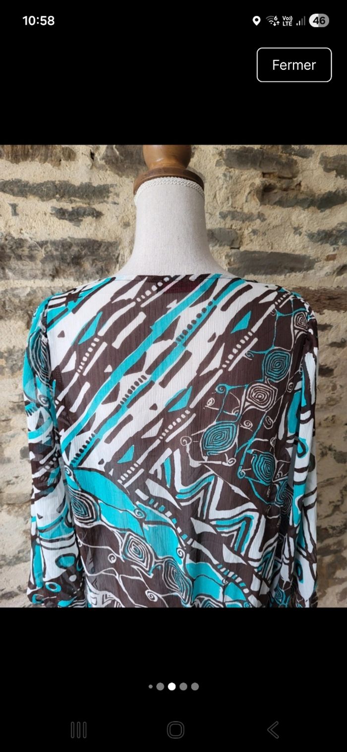 Blouse style tunique bleue turquoise marron et blanche Multiples Taille 5 ou 46 - photo numéro 6