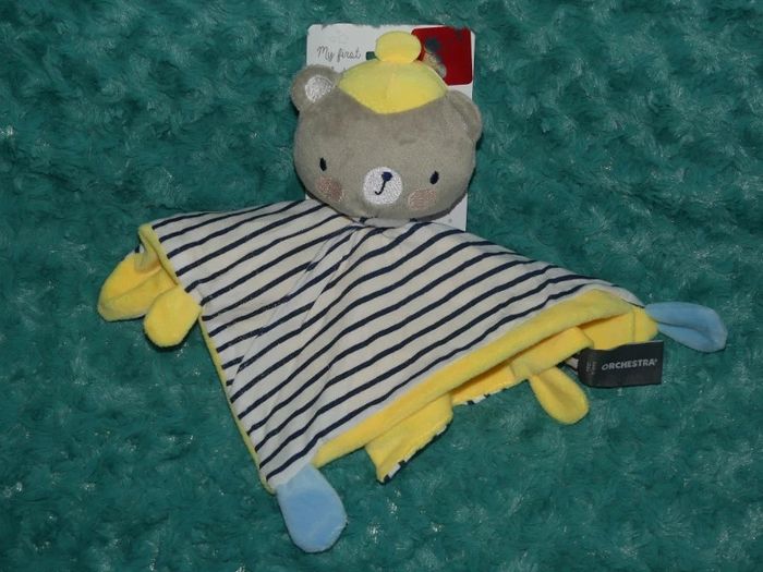 Doudou ours petit pêcheur Orchestra jaune bleu blanc🐻neuf