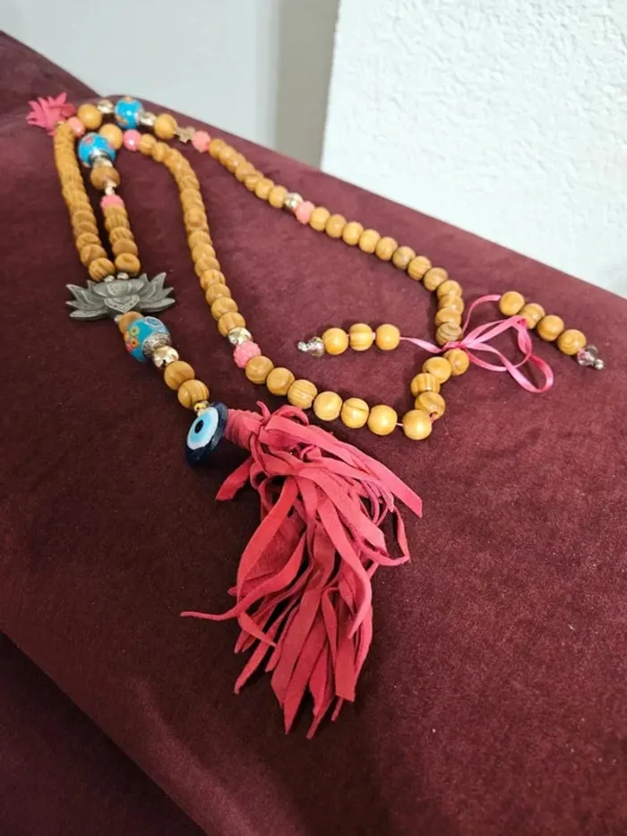 Collier Barocco Unique - Perles, Oeil Turc et Pompon Rouge - Style Bohème Chic - photo numéro 2