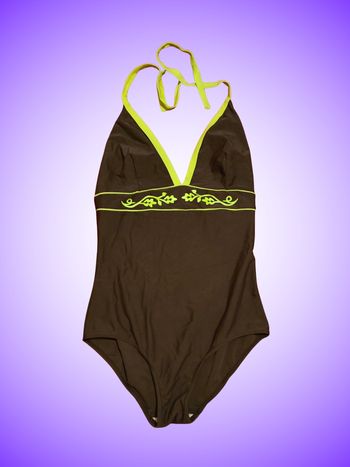 Maillot de Bain 1 Pièce Dos Nu Marron & Vert Lime – Motifs Bohèmes – Taille 44 XXL – Neuf, Sans Étiquette