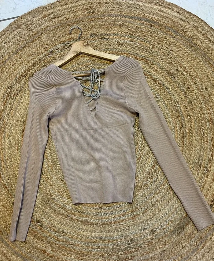 Haut col V côtelé beige TU - photo numéro 2