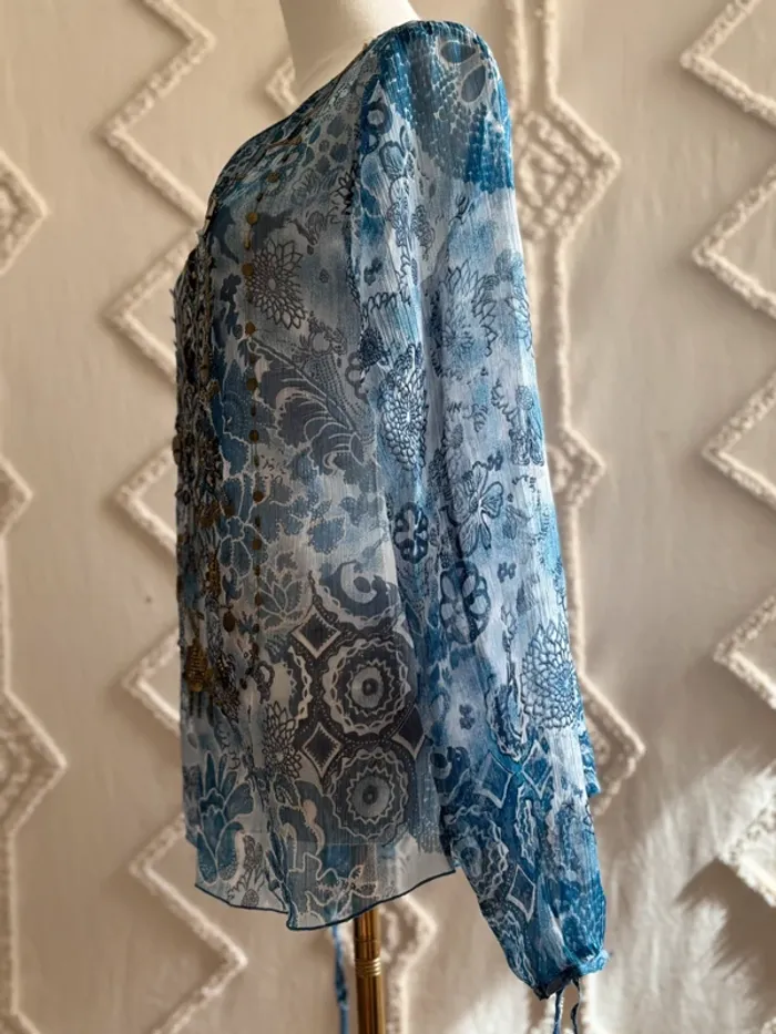 Blouse transparente bohème bleue à sequins dorés – earthygirl ethnique bohemian chic – taille unique - photo numéro 5