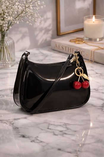 Sac noir brillant avec cerises 🍒 – tendance chic pratique